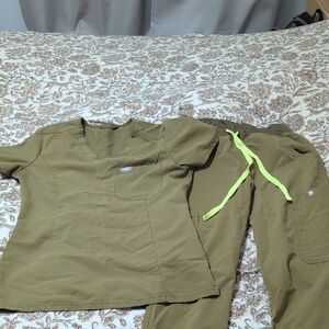 Figs Olive Green Scrub Set top is XXS pants XSP with Neon Accent